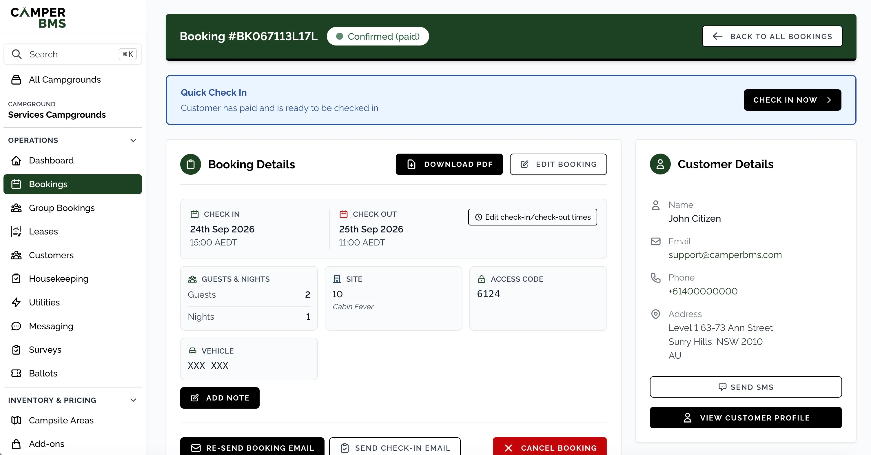A paid booking in Camper BMS, confirmed and ready for quick check-in
