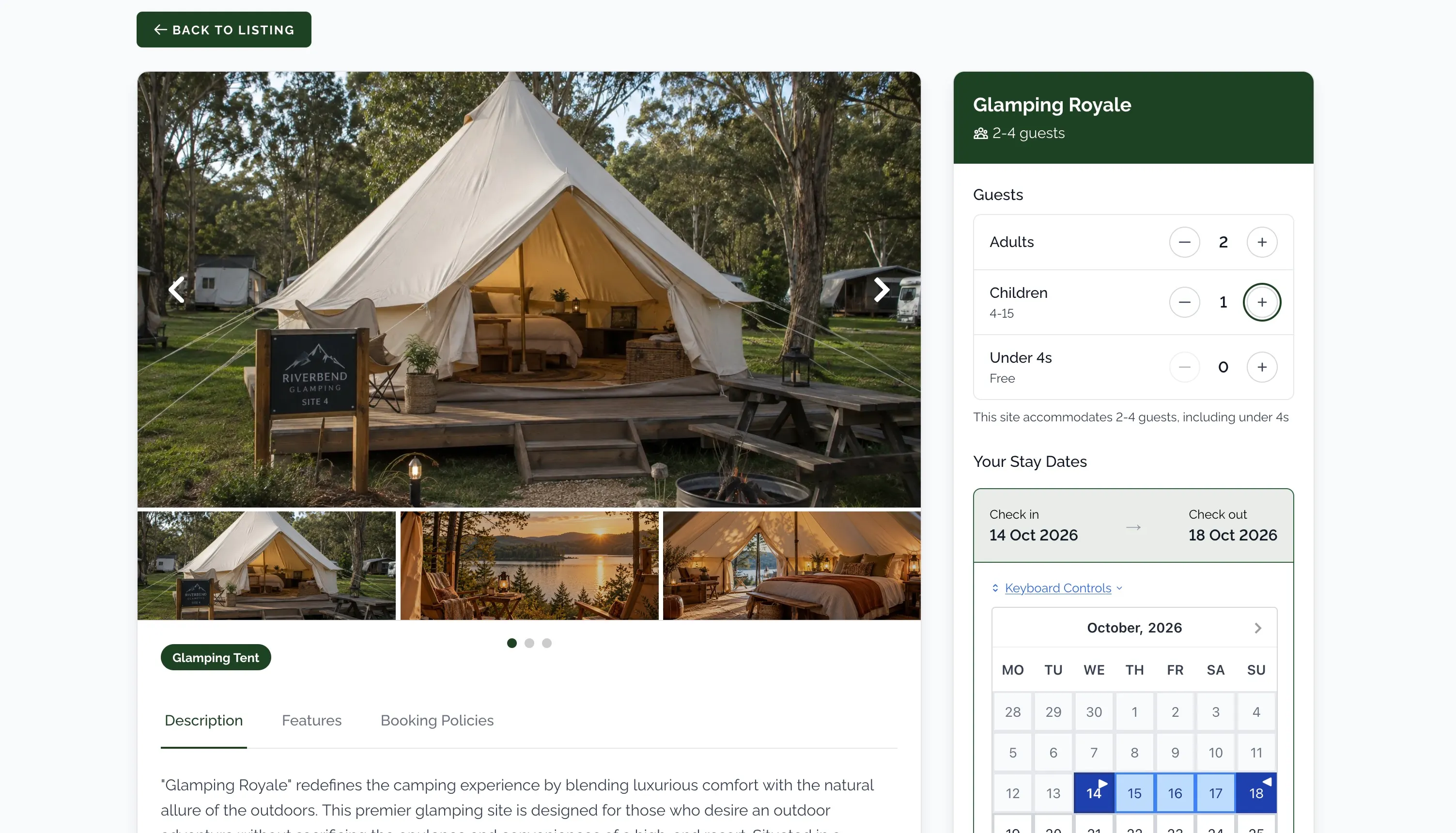 Guest booking page for a glamping tent, with guest numbers and a calendar for choosing stay dates