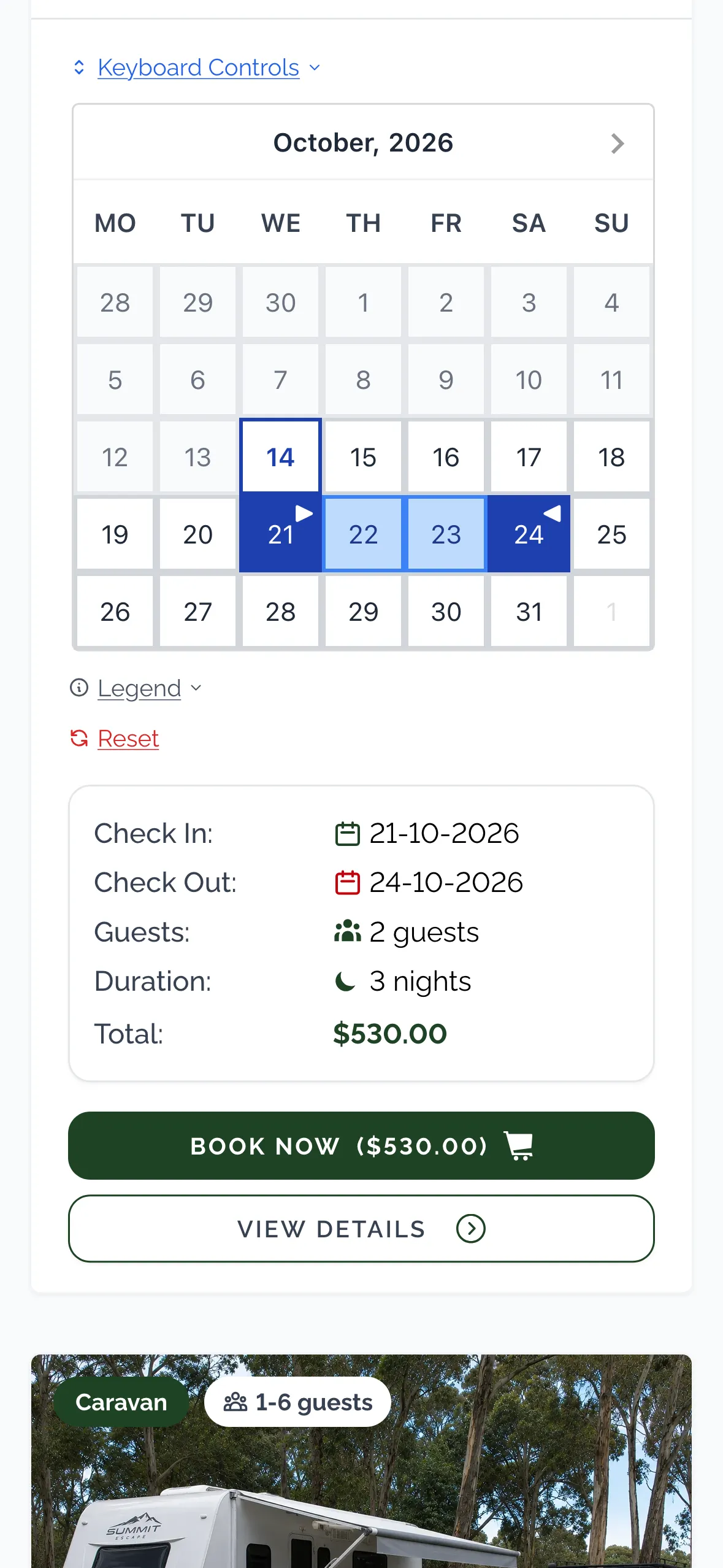 Choosing stay dates and booking a caravan site on a phone