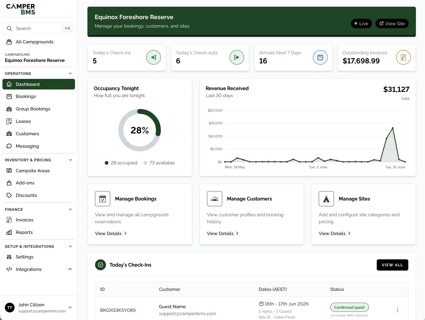 Camper BMS booking dashboard