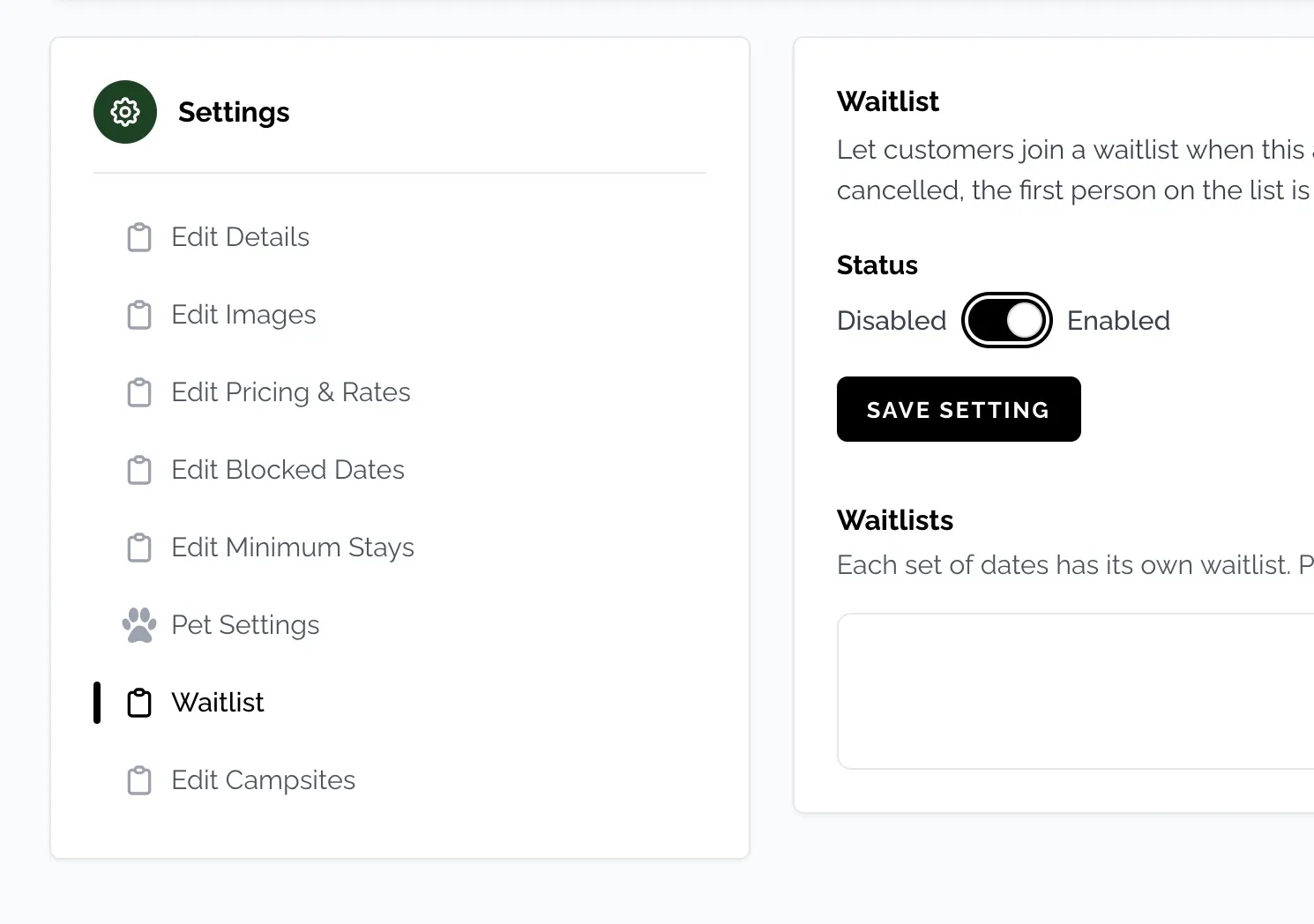 Enabling the waitlist for an area in the Camper BMS settings