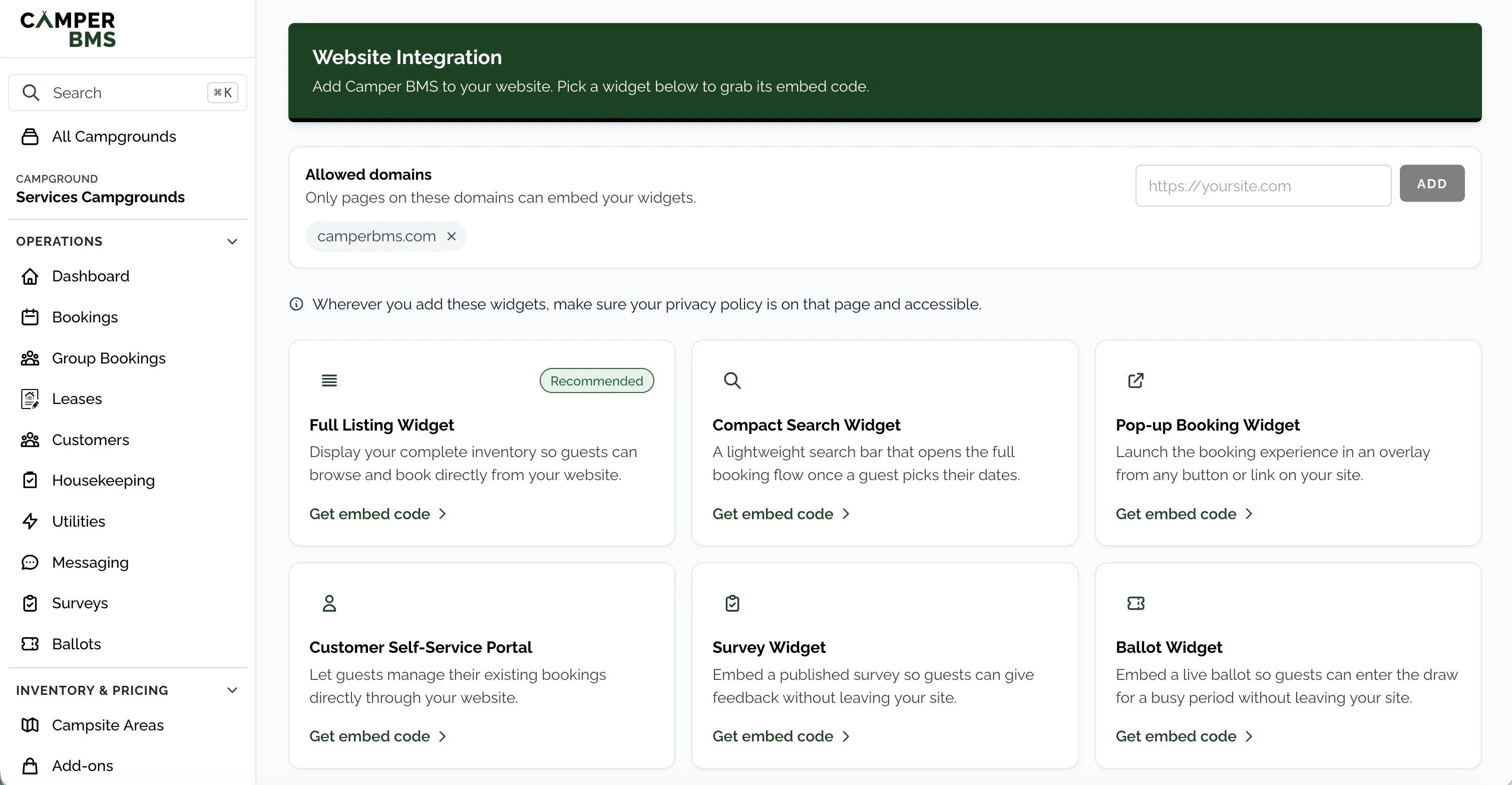 Camper BMS website integration page listing the booking widgets